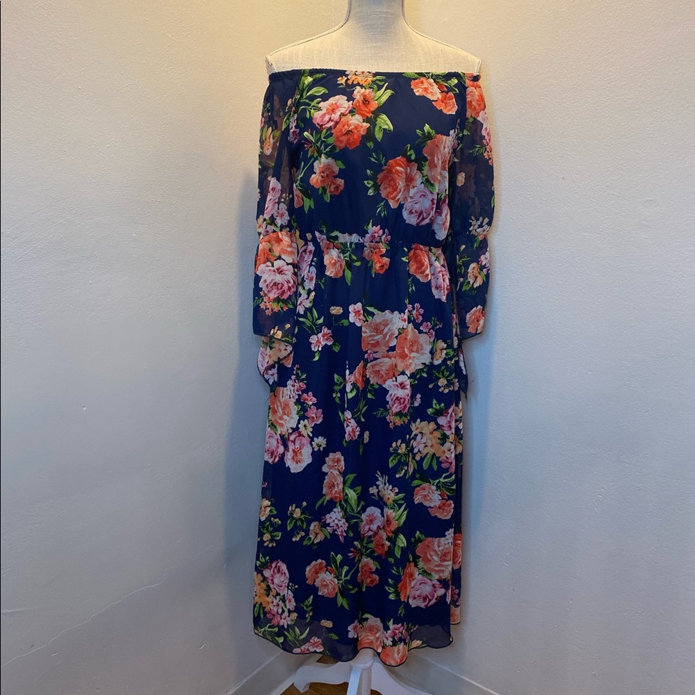 Espresso Navy/Pink Off-The-Shoulder 3/4 length Sleeve Floral Maxi Dress